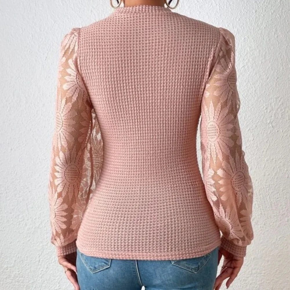 08 Boho Floral Sheer Lace Sleeve Top - Picture 6 of 8